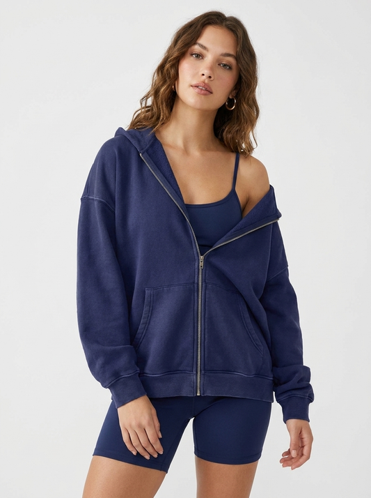 Unisex Double Zipper Acid Washed Fleece Zip Up Hoodies
