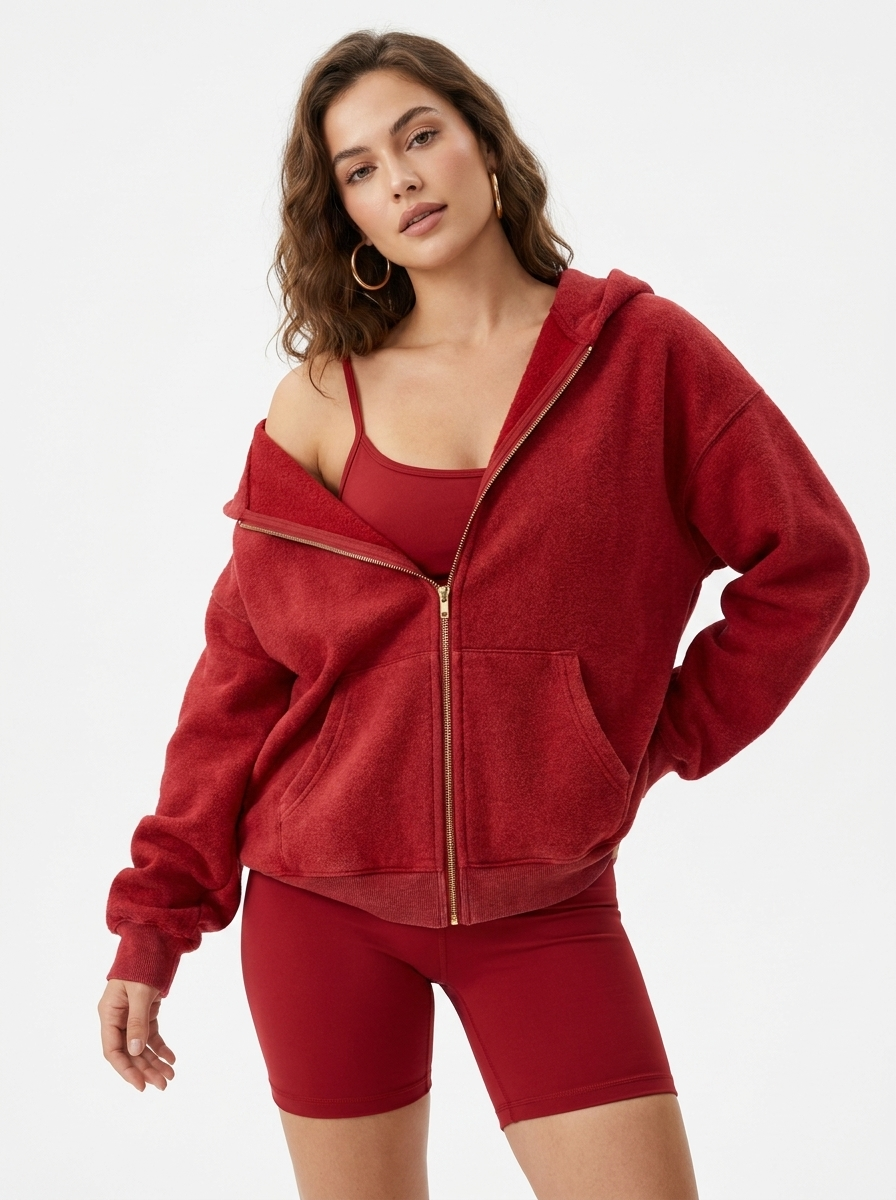 Unisex Double Zipper Acid Washed Fleece Zip Up Hoodies