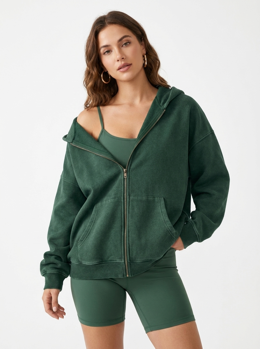 Unisex Double Zipper Acid Washed Fleece Zip Up Hoodies