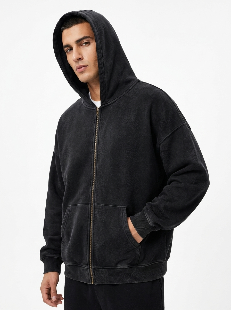 Unisex Double Zipper Acid Washed Fleece Zip Up Hoodies