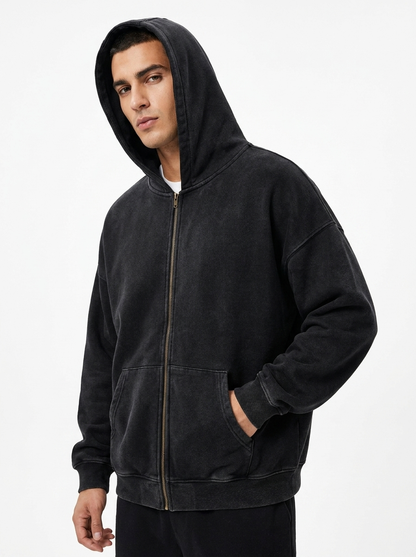 Unisex Double Zipper Acid Washed Fleece Zip Up Hoodies