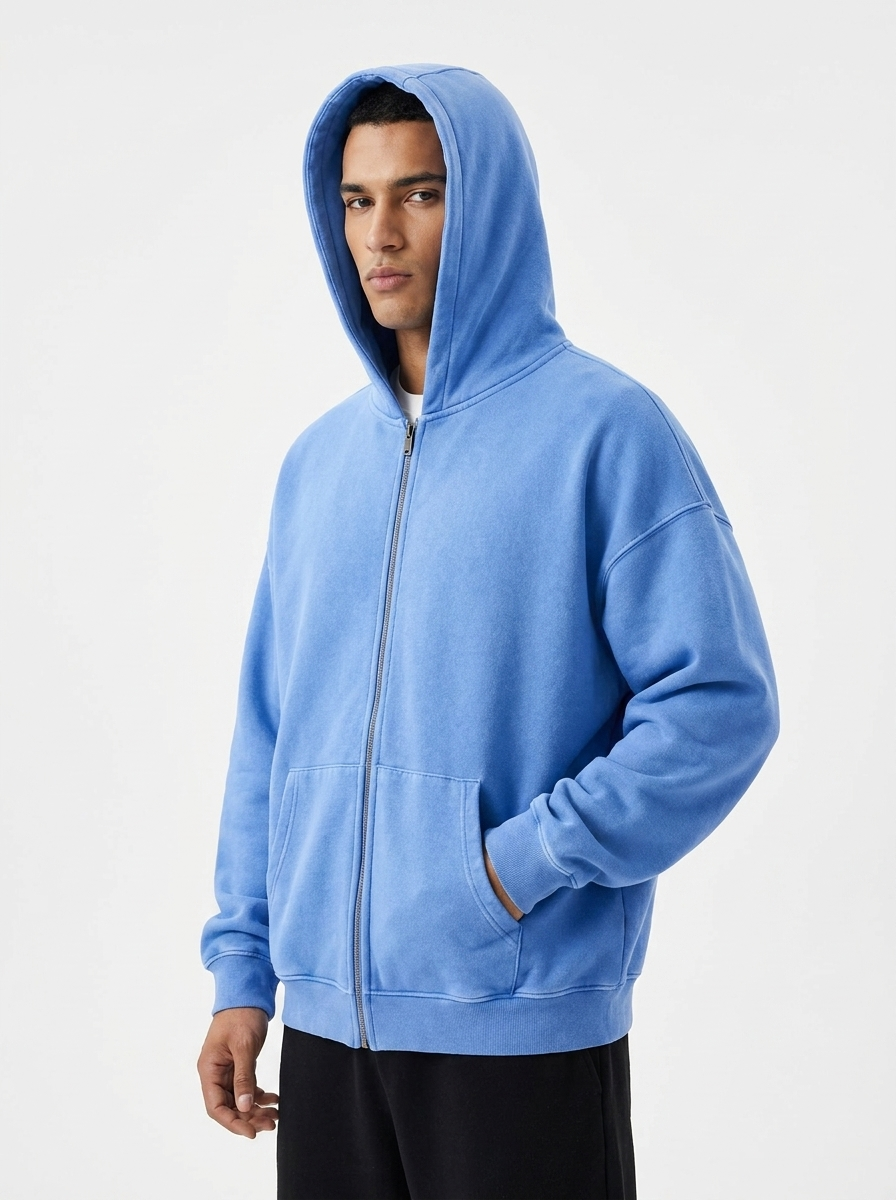 Unisex Double Zipper Acid Washed Fleece Zip Up Hoodies