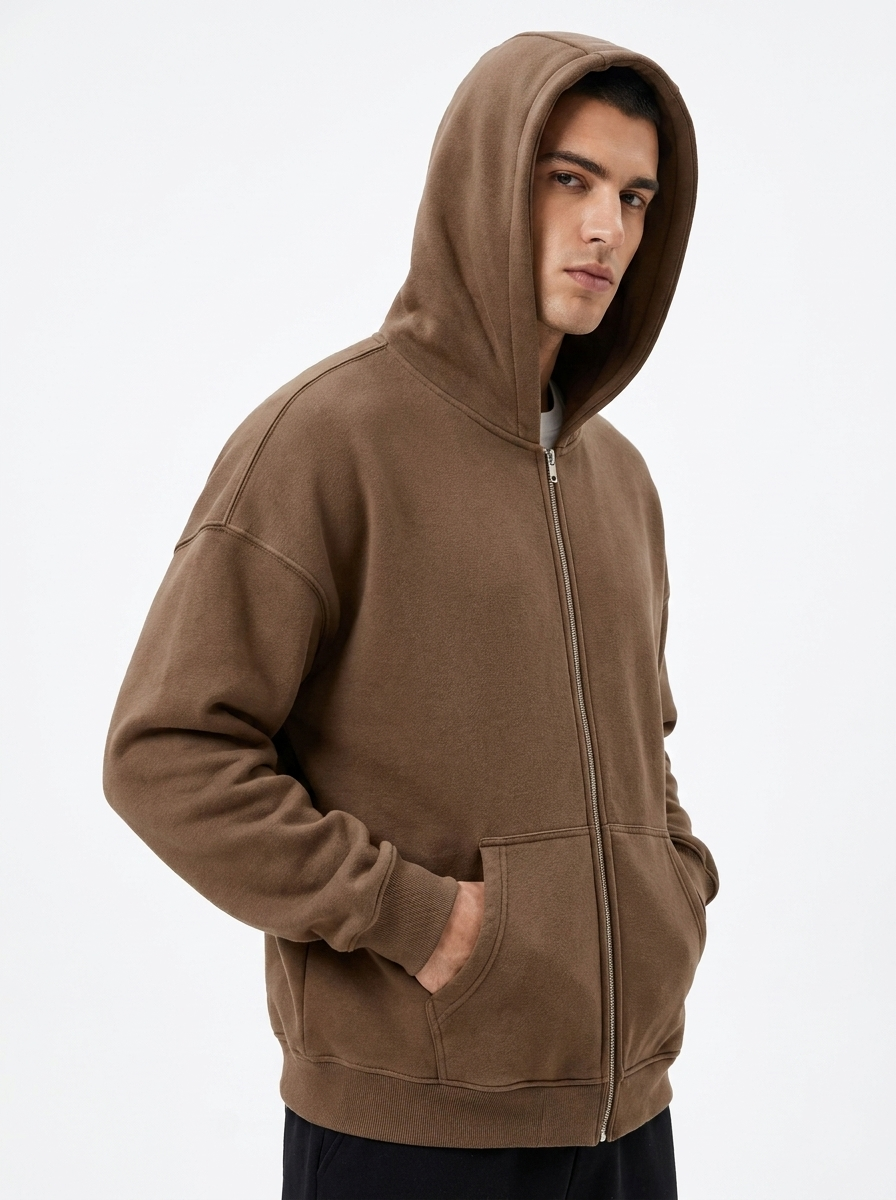 Unisex Double Zipper Acid Washed Fleece Zip Up Hoodies
