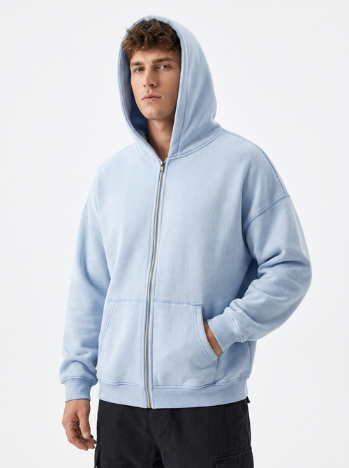 Unisex Double Zipper Acid Washed Fleece Zip Up Hoodies